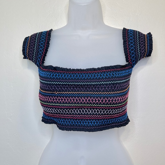 Bar III | Crochet Smocked Off Shoulder Padded Chest Harness Bralette Crop Top - Picture 2 of 10